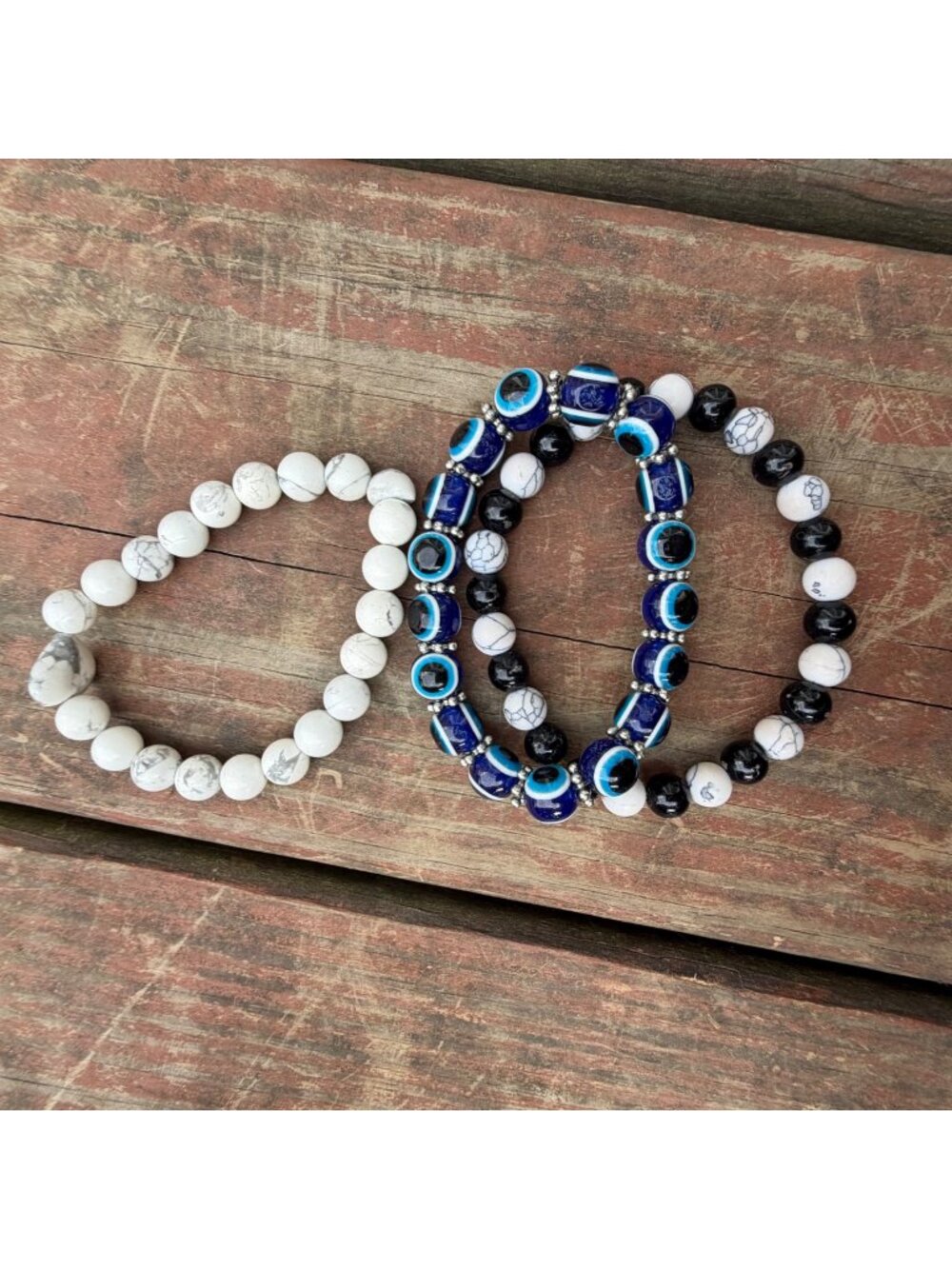 Set Of 3 Evil Eye & Howlite Beaded Stretch Bracelets Blue White Black Jewelry